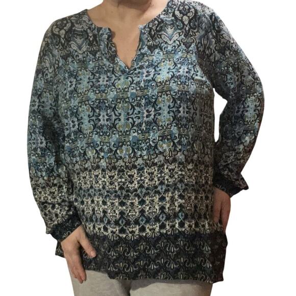 J.Jill Womens Damask Blue Print Long Sleeve Bouse Size XL - Picture 1 of 8